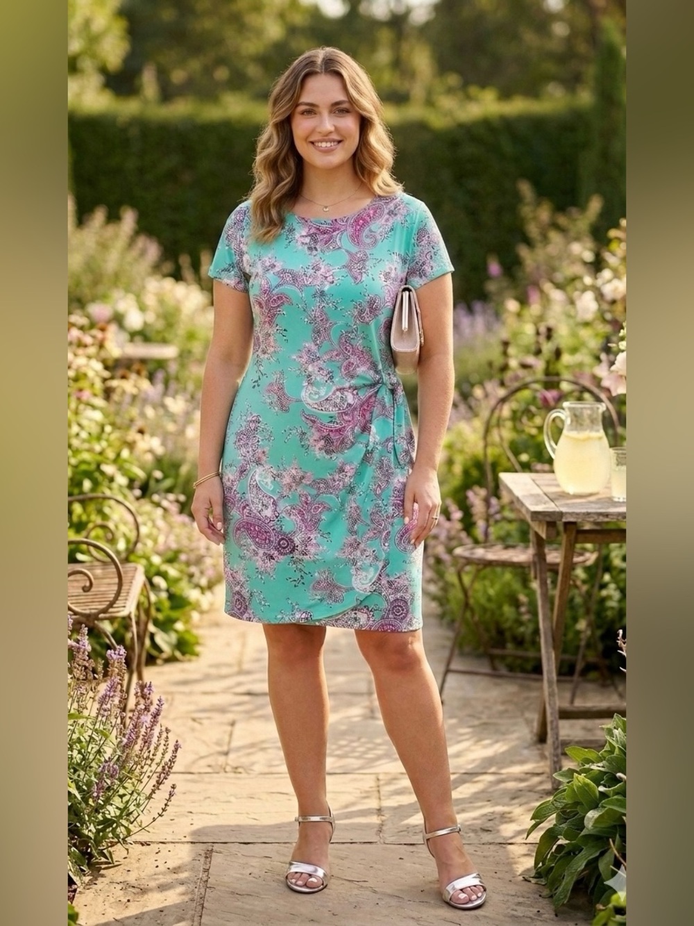 Signature by Robbie Bee Paisley Short Sleeve Faux Wrap Dress W/ Tie Waist Size L